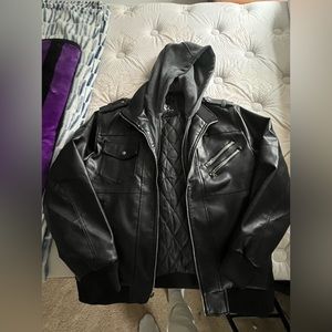 David Outwear black leather jacket with hooded lining